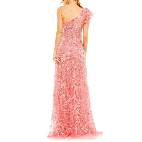 Mac Duggal 68512 Size 16 Coral Floral Beaded One Shoulder Long Maxi Gown‎ Dress - Picture 4 of 5